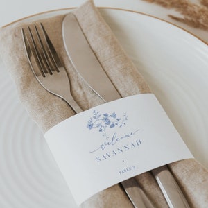 Modello per segnaposto con tovagliolo floreale blu, modello per anello per tovagliolo, segnaposto con tovagliolo per matrimonio vittoriano, copritovagliolo per matrimonio floreale botanico 43