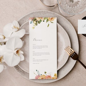 Menú de boda con flores silvestres, menú floral moderno, flores de primavera, plantilla de menú de boda, plantilla imprimible, plantilla editable, menú boho, Templett 44