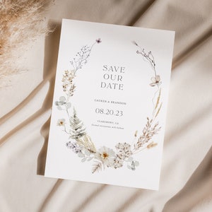 Neutral Wildflower Save the Date Template, White Flowers Save the Date, Floral Wreath Wedding, Save our Date, Instant Download, Editable 03