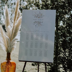 Modelo de gráfico de assentos de mesa de casamento com flores secas, plano de assentos florais, placa de gráfico de assentos de casamento de inverno, gráfico de assentos de flores neutras 03