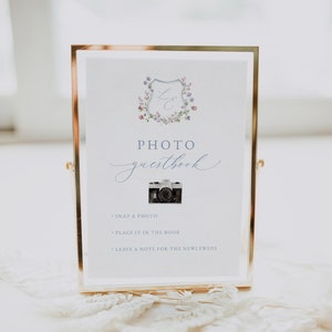Photo Guestbook Sign, Watercolor Floral Crest Wedding Sign, Minimalist Editable Tabletop Sign, Polaroid Wedding Sign, Editable Sign 35
