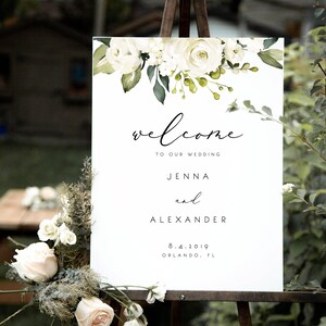 White Rose Welcome Wedding Sign Template Floral Wedding Printable Wedding Sign Silver Green Leaves Wreath Wedding Sign in Portrait 21