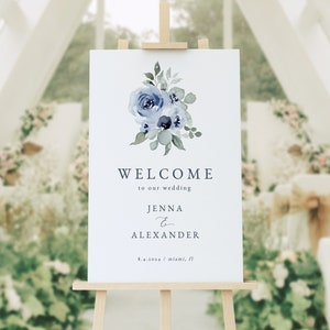 Blue Floral Welcome Sign, Sign Template, Editable Sign, Dusty Blue Sign, Navy Floral Welcome, Landscape Sign, Welcome Poster, Horizontal 34
