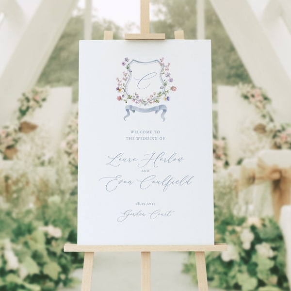 Signe de bienvenue de crête florale, modèle de signe de mariage, signe de bienvenue de mariage d'aquarelle, signe de cérémonie, signe de réception, signe minimaliste 35