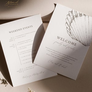 Modello di lettera di benvenuto e cronologia, itinerario del weekend di nozze con conchiglie, ordine degli eventi per un matrimonio minimalista moderno, download immediato 32