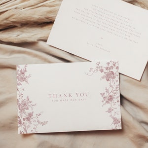 Carte de remerciement floral rose, mariage botanique, modèle de remerciement, carte de remerciement victorienne, calligraphie moderne à imprimer pour mariage 24