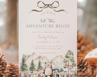 May include: A baby shower invitation with the text "OH BABY! let the ADVENTURE BEGIN". The invitation features watercolor illustrations of woodland animals, mountains, and trees. The invitation is displayed on a wooden slice with pine cones.