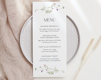 Wildflower Wedding Menu Template, Printable Menu, Editable Menu Template, Delicate Minimalist Floral Wedding Menu, Instant Download 05