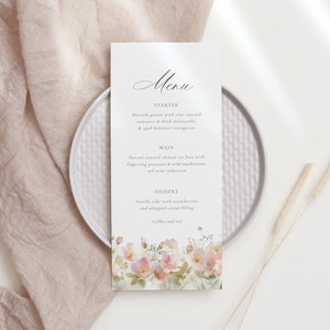 Blush Blumenhochzeitsmenüvorlage, Aquarell druckbares Menü, bearbeitbares Menü, Sofort-Download, Romantisches Abendmenü, bearbeitbare Vorlage 62
