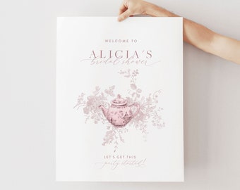 Bridal Tea Shower Welcome Sign, Pink Floral, Editable Template (Instant Download)