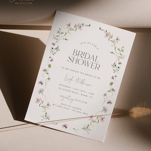Modèle d'invitation de douche nuptiale floral minimaliste, floral simple, douche nuptiale imprimable fleurs sauvages, carte modifiable, téléchargement immédiat 05