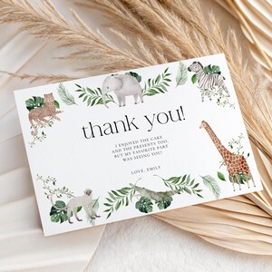 Tarjeta de agradecimiento de safari, Baby Shower de animales de la selva, Plantilla de tarjeta de agradecimiento, Tarjeta de agradecimiento con vegetación tropical, Nota imprimible para Baby Shower 73