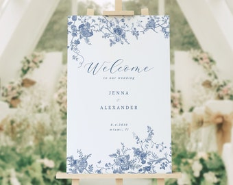 Letrero de bienvenida floral azul, plantilla de letrero de boda, romántico vintage, letrero de bienvenida para boda, letrero de ceremonia, letrero de recepción, bienvenida clásica 43