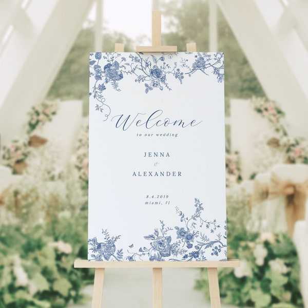 Blue Floral Welcome Sign, Wedding Sign Template, Romantic Vintage, Wedding Welcome Sign, Ceremony Sign,Reception Sign, Classic Welcome 43