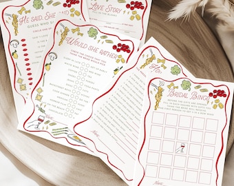 That's Amore Bridal Shower Games Bundle - with whimsical hand-drawn pasta and Italian food