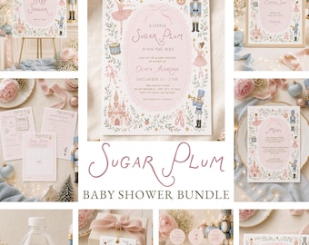Nutcracker Baby Shower Bundle - Pink and Blue Sugar Plum Christmas (Editable Canva Template)