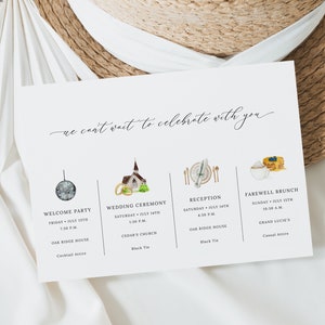 May include: A wedding invitation with a watercolor design. The invitation includes details for the welcome party, wedding ceremony, reception, and farewell brunch. The text reads 'we can't wait to celebrate with you.' The invitation is on a white background with a straw hat in the background.
