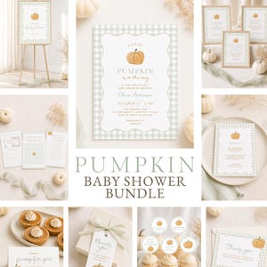 May include: A pumpkin baby shower bundle featuring a collection of printed stationery, including invitations, menus, thank you cards, and cupcake toppers, all decorated with a light green gingham pattern and watercolour pumpkin illustrations.