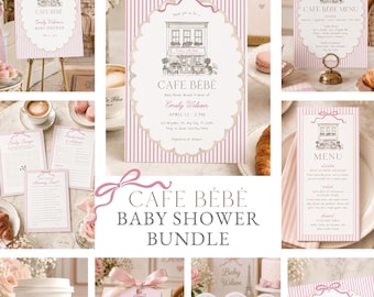 Cafe Bebe Baby Shower Invitation Bundle - Pink Bow Parisian Cafe Brunch Baby Shower (Editable Canva Template)