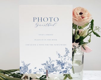 Photo Guestbook Sign, Minimalist Editable Tabletop Sign, Polaroid Wedding Sign, Blue Floral Wedding Sign, Editable Wedding Sign,Victorian 43