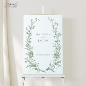 Groene bloemen welkomstbord, sjabloon bruiloft bord, romantische vintage, welkomstbord bruiloft, ceremoniebord, bord receptie