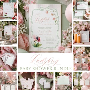 Puede incluir: Un conjunto de papelería y decoraciones para baby shower con temática de mariquita. La invitación, con una ilustración de mariquita, dice "A Little Ladybug is on the Way". Se utilizan acentos rosas y verdes.