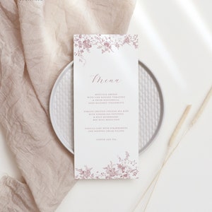 modèle de Menu de mariage floral vintage, menu imprimable rose poudré, menu modifiable vieux rose, époque Régence, époque victorienne, thème Bridgerton 24