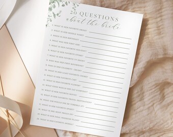 20 Questions About the Bride, Green Floral Vintage Bridal Shower Game, Who Knows the Bride Template, How Well Do You Know the Bride 26