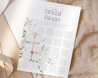 Bingo nupcial floral rosa ruborizado, juego de bingo para despedida de soltera, descarga instantánea, tarjetas de bingo imprimibles, tarjeta de bingo editable, juego de despedida de soltera 58