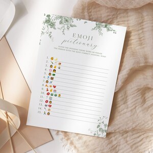 Bridal Shower Emoji Pictionary, Green Floral Vintage Bridal Shower Game, Emoji Pictionary Game, Bachelorette Games, Editable Template 26