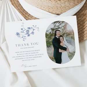 Blaue Blumenhochzeitsfoto-Dankeskarte, Botanische Hochzeit-Dankeskarte, Danksagungskarte Hochzeit, fügen Sie Ihr eigenes Foto hinzu, danke 43