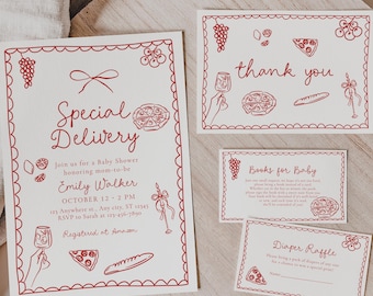 Pizza Baby Shower Invitation Bundle (slice slice baby, special delivery): Invitation, Books for Baby, Diaper Raffle, Thank You Card