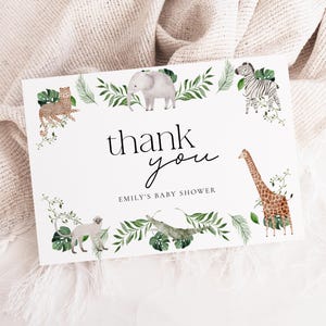 Safari Dankeskarte, Dschungeltiere Baby Shower, Dankeskartenvorlage, Tropisches Grün Dankeskarte, Printable Baby Shower Note 73