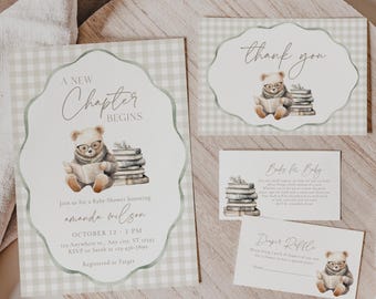 A New Chapter Begins Baby Shower Invitation Bundle (Storybook Theme): Invitation, Books for Baby, Diaper Raffle, Thank You Card