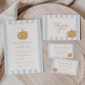 Little Pumpkin Blue Invitation Bundle (Boy Baby Shower): Invitation, Books for Baby, Diaper Raffle, Thank You Card