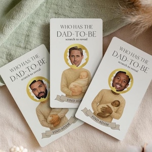 Plantilla editable de Canva para raspar "¿Quién tiene al papá del bebé?": Encuentra al papá (tema bohemio neutro)