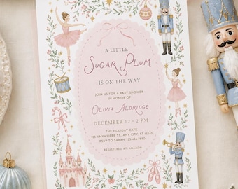 Nutcracker Baby Shower Invitation – Sugar Plum Theme, Pink Blue Christmas (Canva Template)
