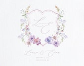 Floral Crest Wedding Logo, Minimalist Logo, Pink and Purple Floral Watercolor Wedding Logo, Monogram Emblem, Custom Logo, Logo for Napkin