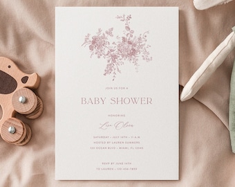 Dusty Pink Floral Baby Shower Invitation, Victorian Style (Digital Download)