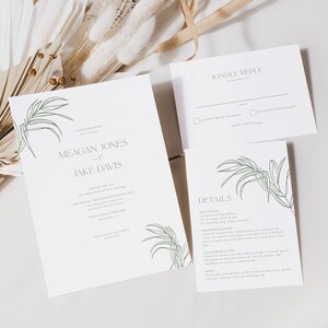 May include: Wedding invitation suite with a minimalist design. The invitation features the names "Meagan Jones and Jake Davis" and event details. Includes a reply card and details card, all with a green botanical illustration.