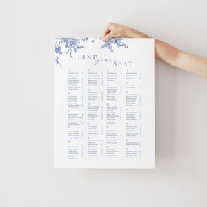 Stoelindeling met blauwe bloemen, stoelen vintage bloemen bruiloft, botanisch bord, instant download, afdrukbare plattegrond, bewerkbaar bord 43