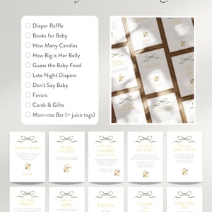 May include: A collection of ten baby shower signs with a lemon and bow design. The signs include prompts for diaper raffle, books for baby, and other games. The text "10 Baby Shower Signs" is at the top.