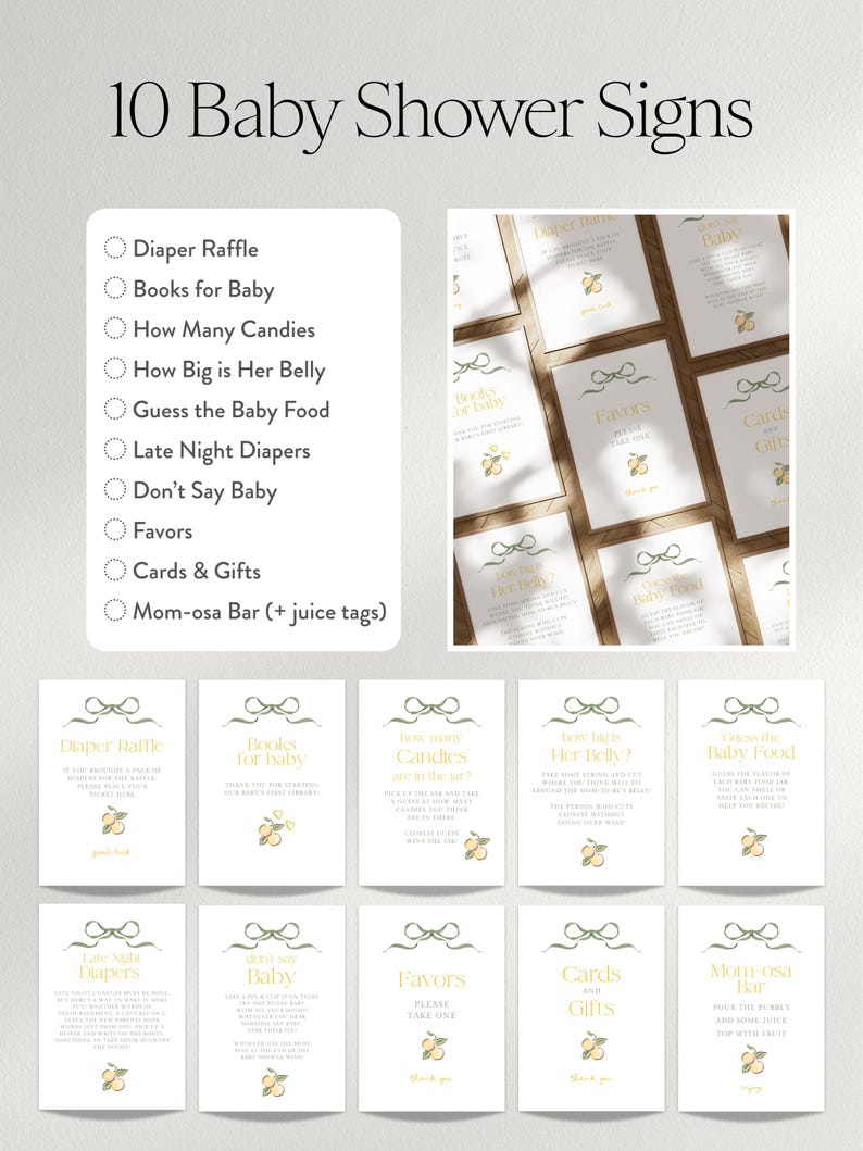 May include: A collection of ten baby shower signs with a lemon and bow design. The signs include prompts for diaper raffle, books for baby, and other games. The text "10 Baby Shower Signs" is at the top.