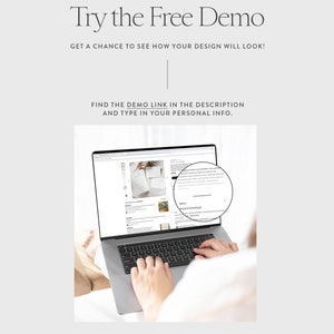 May include: A person using a laptop computer to access a demo link for a design template. The laptop screen shows a website with a product listing and a "Download" button. The text on the screen reads "Find the demo link in the description and type in your personal info."