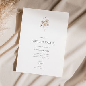 Plantilla de invitación de despedida de soltera con diseño floral minimalista, diseño floral sencillo, diseño de despedida de soltera con diseño floral blanco, tarjeta editable, descarga instantánea 03