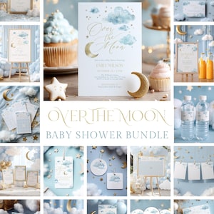 Puede incluir: Un conjunto para baby shower con temática celestial. La invitación presenta nubes de acuarela y una luna creciente con el texto "Over the Moon". El conjunto incluye letreros, tarjetas, cupcakes y botellas de agua, todos decorados con estrellas y motivos lunares. La combinación de colores es azul claro y dorado.