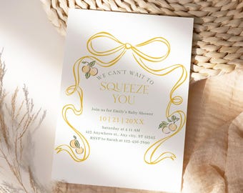 Lemon Baby Shower Invitation Template, Yellow Bow Can't Wait To Squeeze You Invite, Hand Drawn Mediterranean Citrus, Gender Neutral Shower