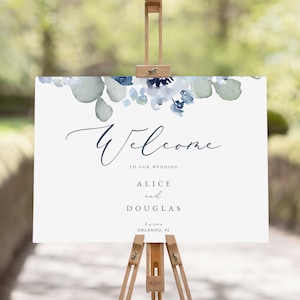 Blue Floral Welcome Sign, Sign Template, Editable Sign, Dusty Blue Sign, Navy Floral Welcome, Landscape Sign, Welcome Poster, Horizontal 34