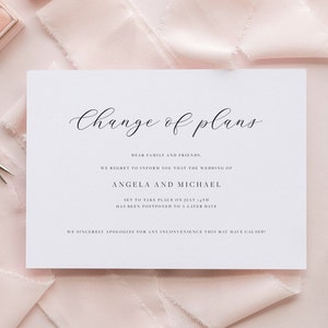 Anuncio de aplazamiento de boda, cambio de fecha, plantilla de cambio de boda, boda aplazada, editable, imprimible, descarga instantánea