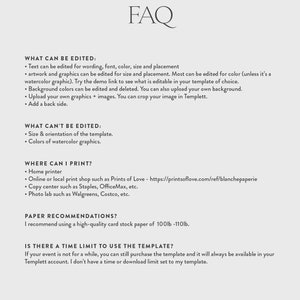 May include: A white document with the heading "FAQ" in a stylish font. The text provides information on what can be edited in a template, including text, artwork, and graphics. It also lists where to print and paper recommendations.